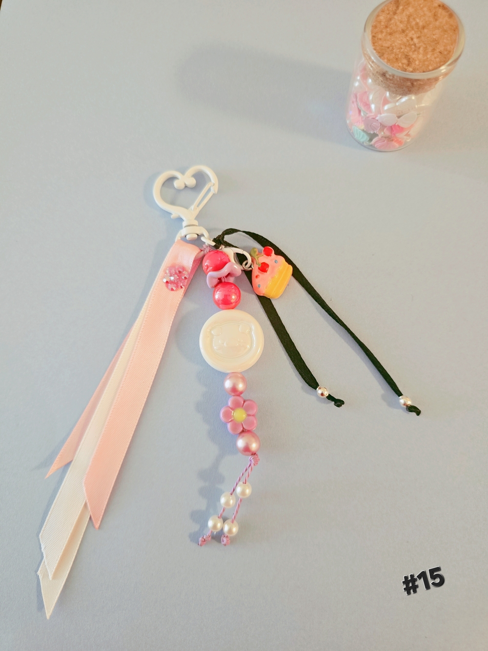 Pink Beaded Ribbon Bag Charm with Floral Accent